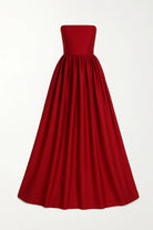 Büzgülü & Tam Daire Açılımlı Maxi Kırmızı Tafta Straplez Elbise - 1