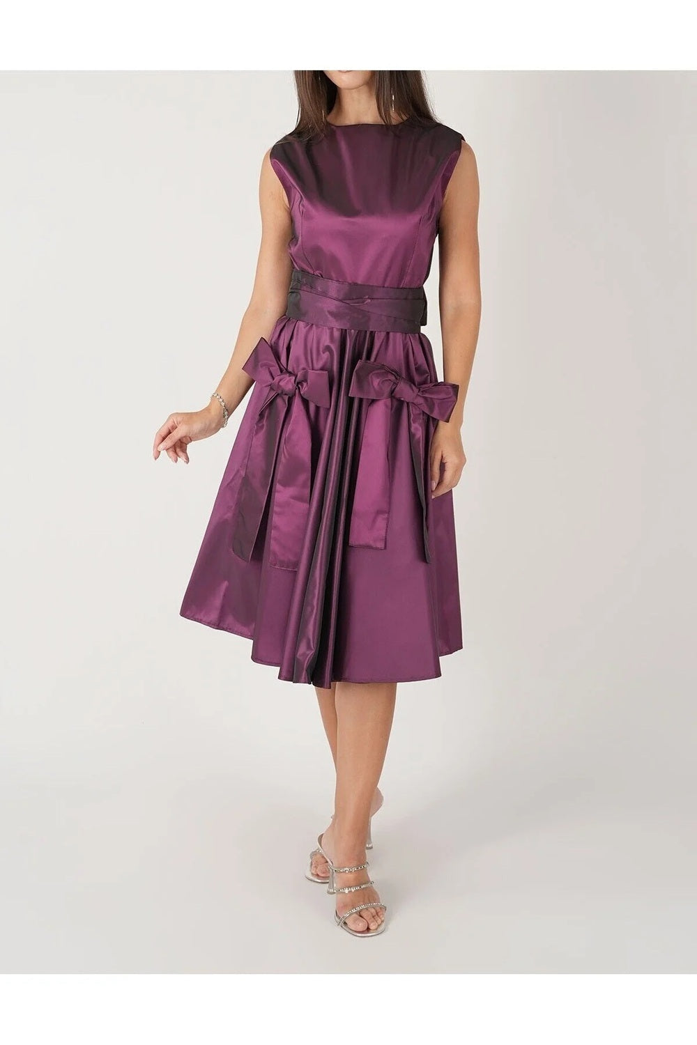 Çift Fiyonk Detaylı Tafta Midi Kolsuz Mürdüm Elbise - 0