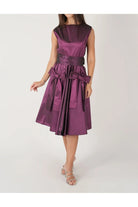 Çift Fiyonk Detaylı Tafta Midi Kolsuz Mürdüm Elbise - 0