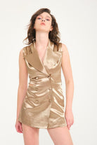 Cut-out Detaylı & Kruvaze Kapamalı Saten Mini Ceket Elbise - 2