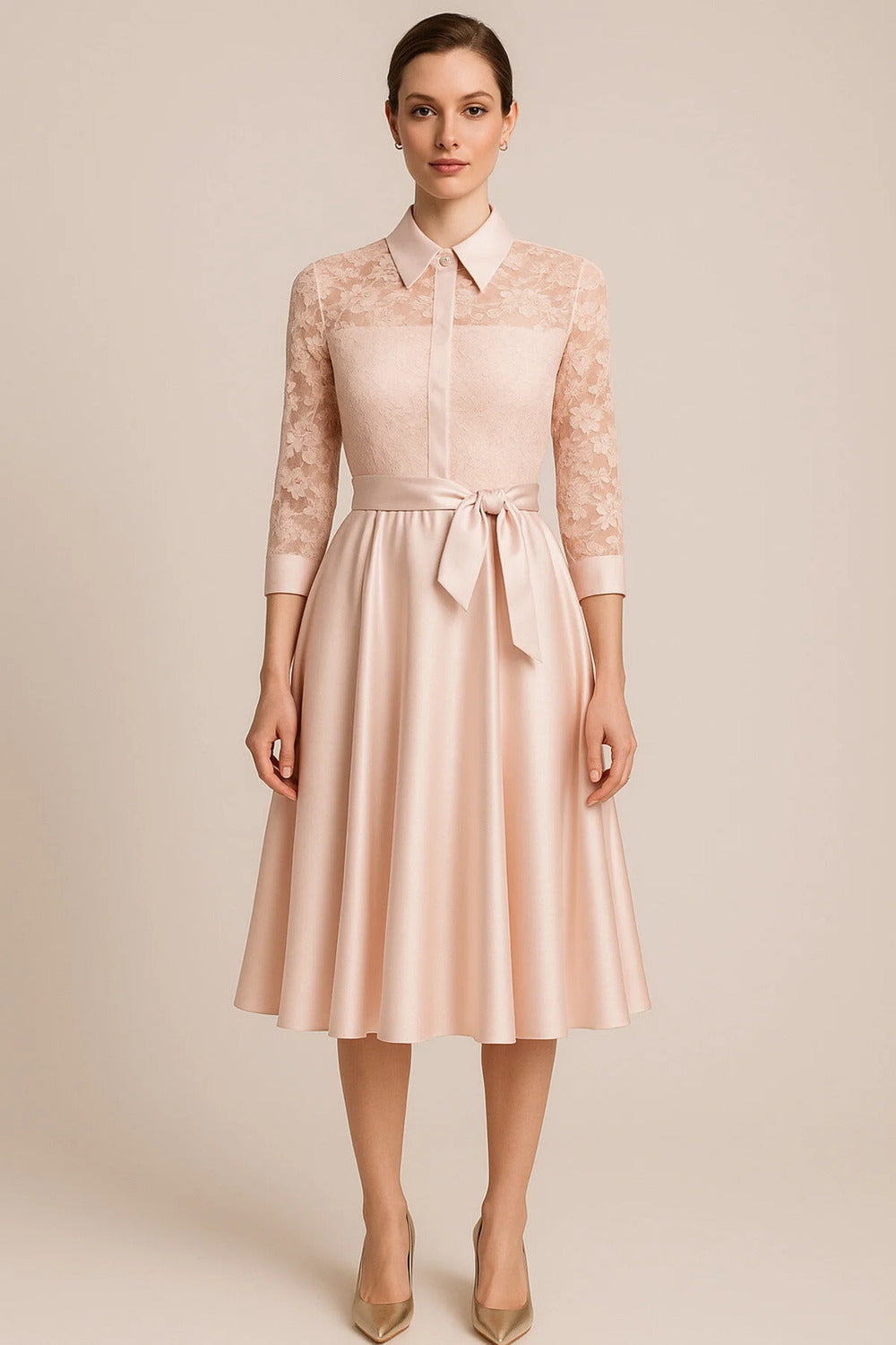 Dantel Kaplamalı Açık Pudra Pembe Midi Saten Gömlek Elbise - 0