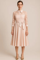 Dantel Kaplamalı Açık Pudra Pembe Midi Saten Gömlek Elbise - 0