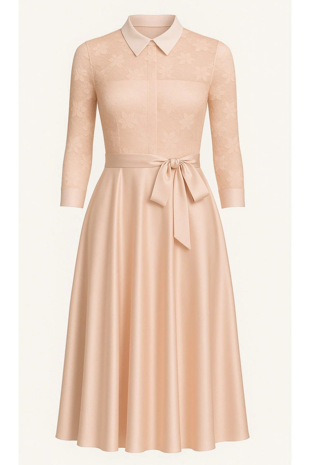 Dantel Kaplamalı Açık Pudra Pembe Midi Saten Gömlek Elbise - 1
