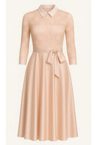 Dantel Kaplamalı Açık Pudra Pembe Midi Saten Gömlek Elbise - 1