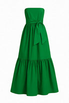 Etek Ucu Fırfır Detaylı & Kuşaklı Maxi Boy Yeşil Tafta Straplez Elbise - 0