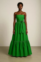 Etek Ucu Fırfır Detaylı & Kuşaklı Maxi Boy Yeşil Tafta Straplez Elbise - 1