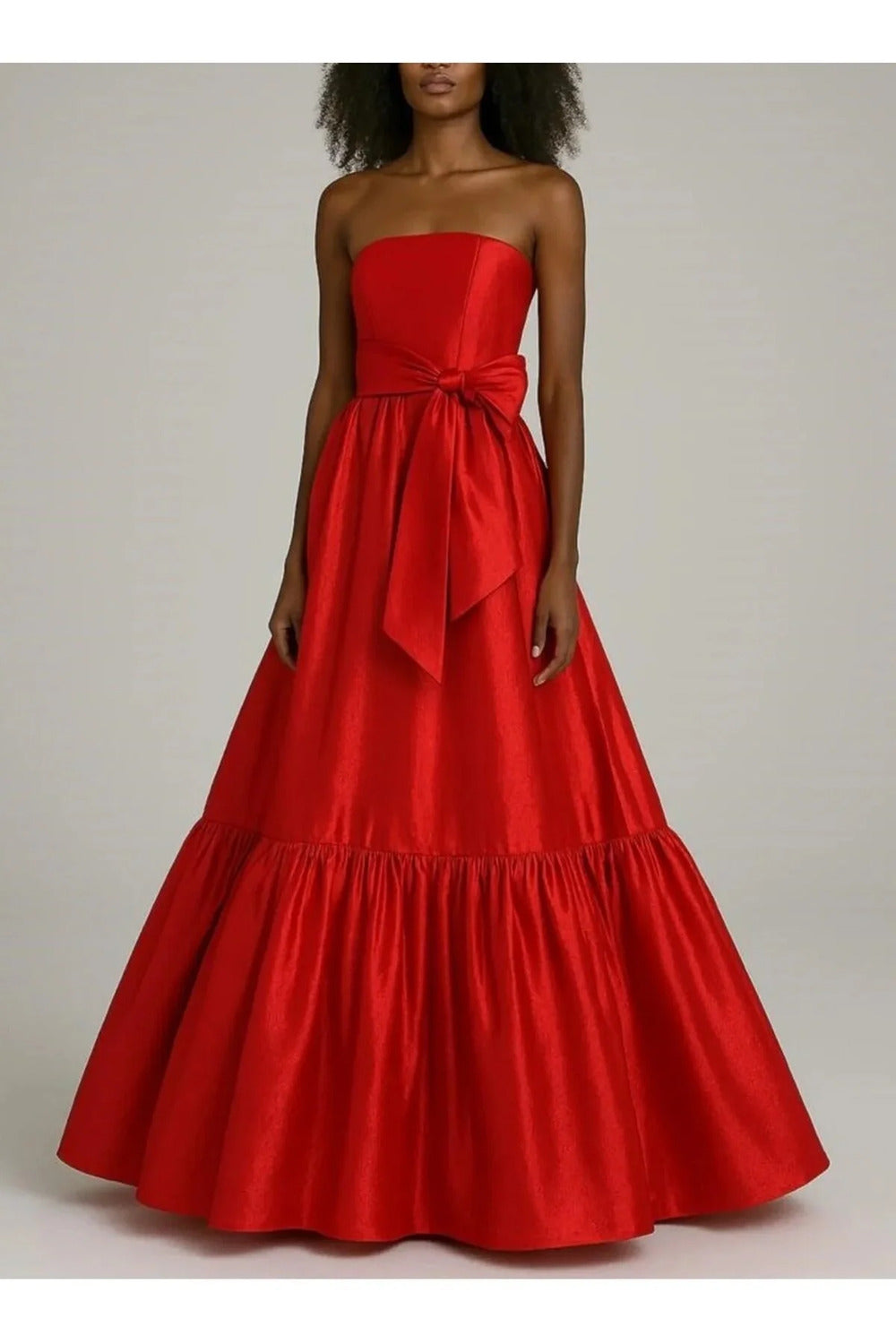 Fırfır Detaylı Kırmızı Tafta Maxi Boy Straplez Elbise - 0