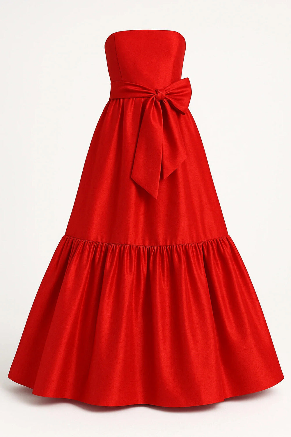 Fırfır Detaylı Kırmızı Tafta Maxi Boy Straplez Elbise - 1