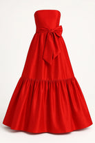 Fırfır Detaylı Kırmızı Tafta Maxi Boy Straplez Elbise - 1