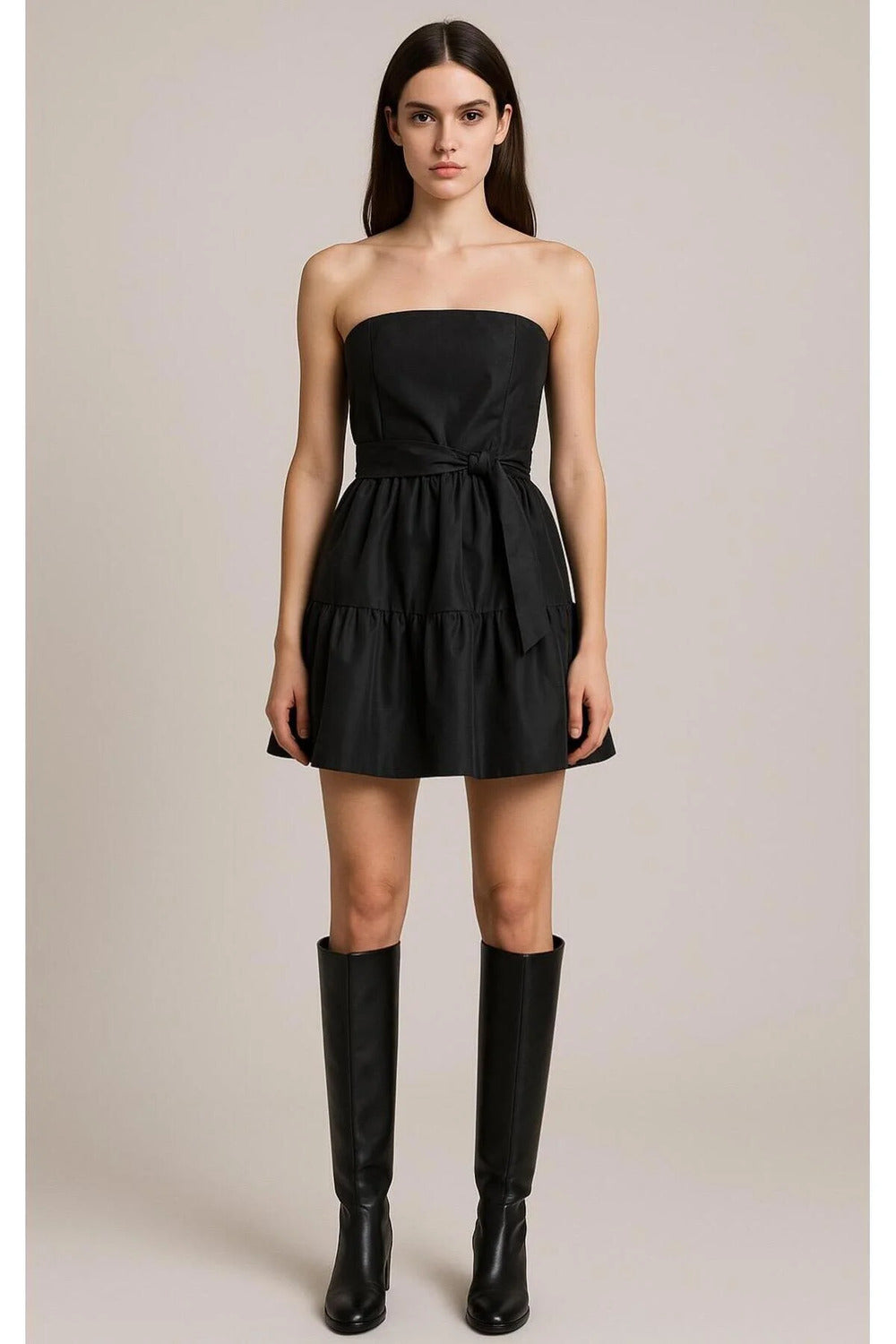 Fırfırlı & Katman Detaylı Siyah Straplez Kısa Elbise - 0