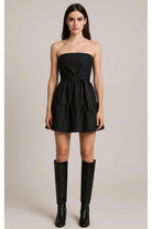 Fırfırlı & Katman Detaylı Siyah Straplez Kısa Elbise - 0