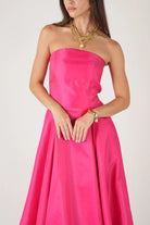 Fuşya Mat Saten Şık Maxi Straplez Elbise - 0