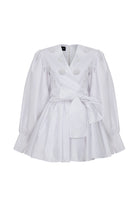 Kruvaze Kapamalı & Üzeri Dekoratif Boncuk İşlemeli Beyaz Tafta Mini Elbise - 1