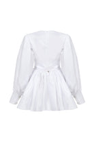 Kruvaze Kapamalı & Üzeri Dekoratif Boncuk İşlemeli Beyaz Tafta Mini Elbise - 2