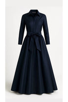 Kuşakla Bağlama Detaylı Gece Mavisi Tafta Uzun Gömlek Elbise - 1