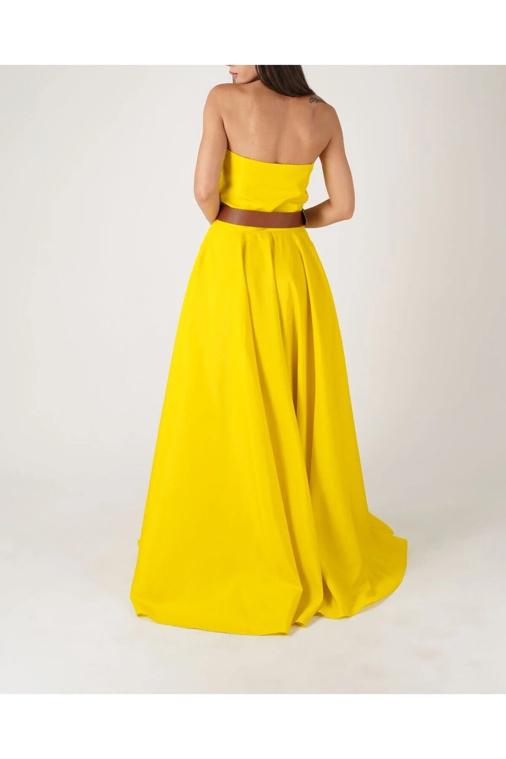 Kuşaklı Sarı Straplez Maxi Tafta Elbise - 4