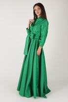 Kuşaklı Yeşil Tafta Uzun Gömlek Elbise - 0