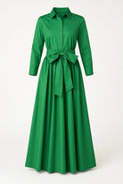 Kuşaklı Yeşil Tafta Uzun Gömlek Elbise - 1