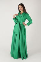 Kuşaklı Yeşil Tafta Uzun Gömlek Elbise - 2