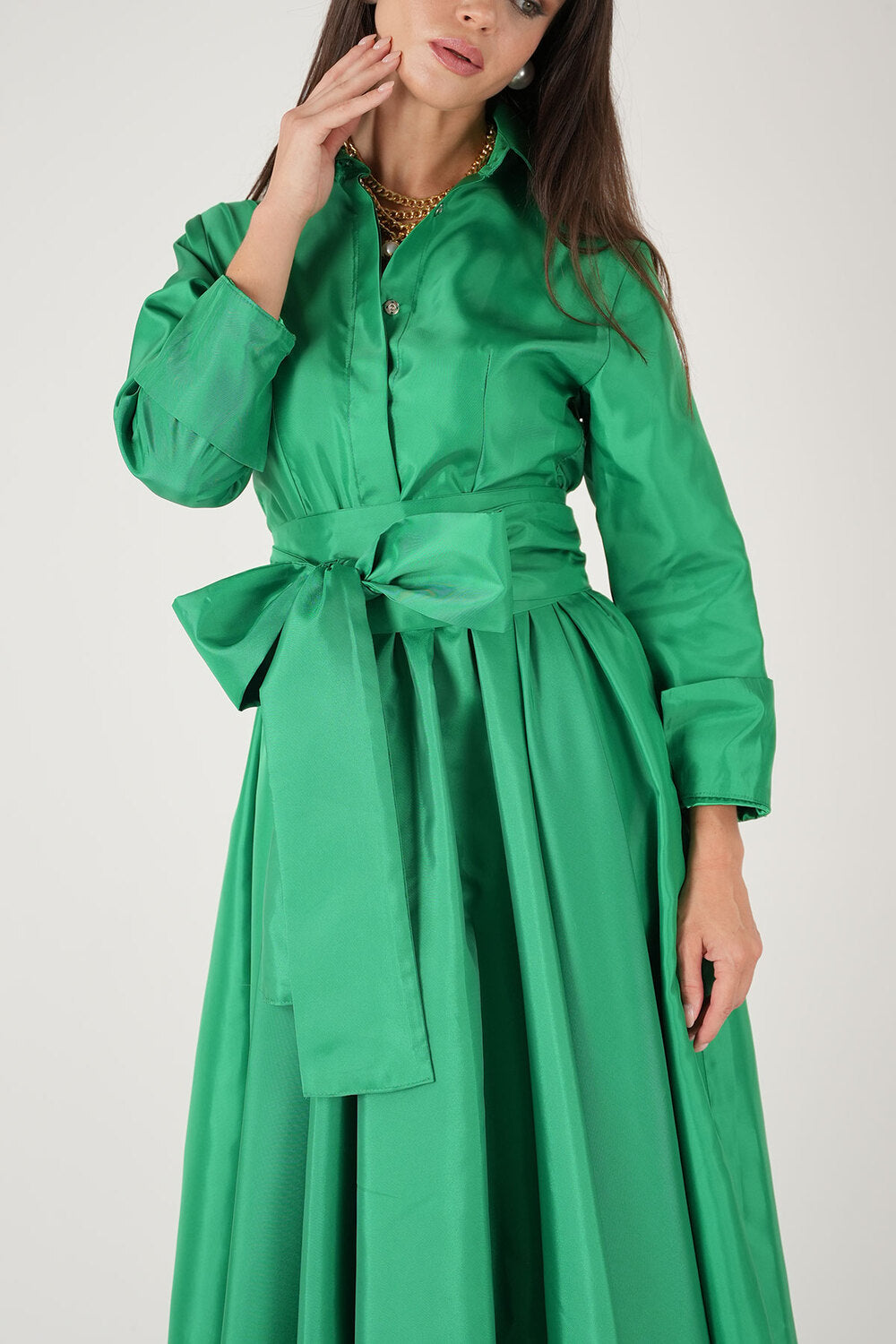 Kuşaklı Yeşil Tafta Uzun Gömlek Elbise - 4