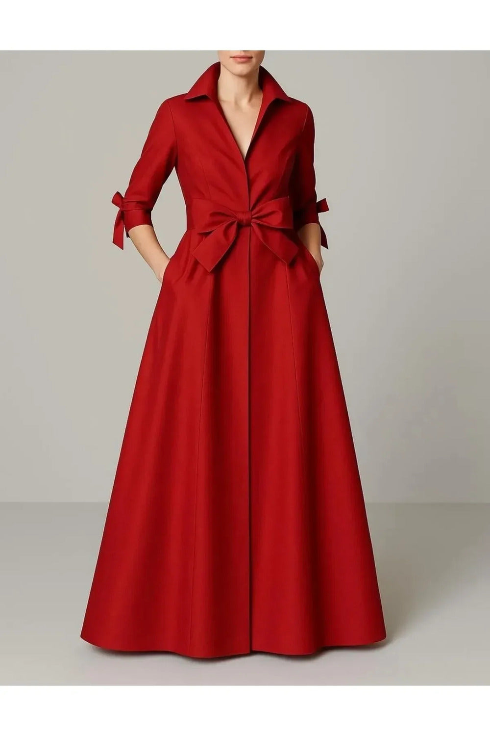 Manşeti Bağlama Detaylı & Cepli Maxi Tafta Gömlek Elbise - 0