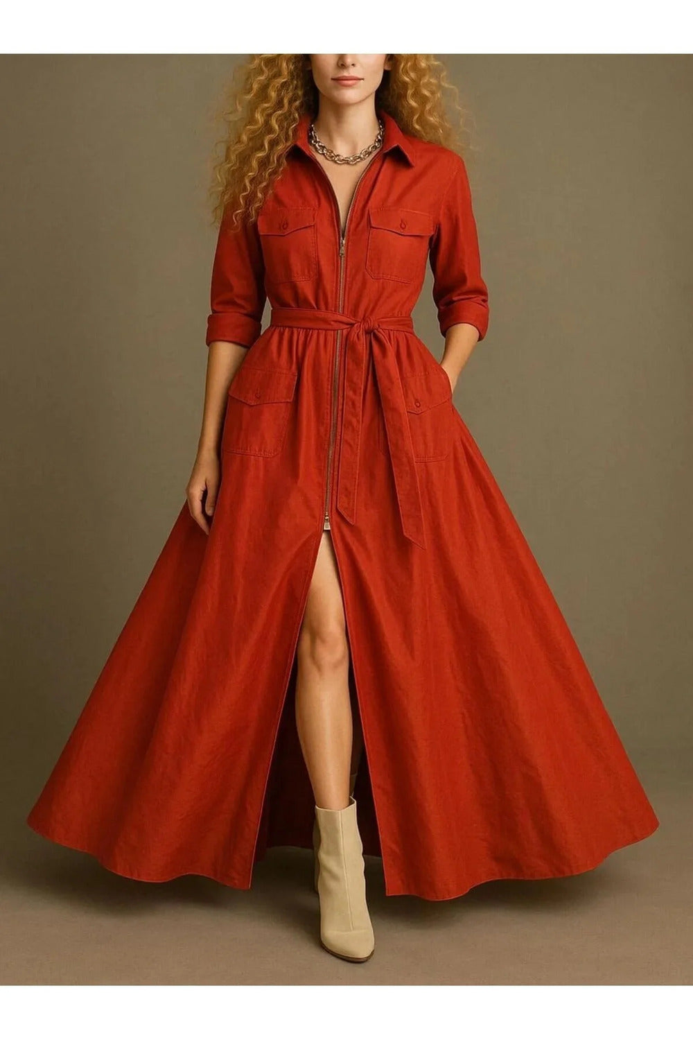 Önden Fermuarlı & Utility Detaylı Safran Tafta Maxi Gömlek Elbise - 0