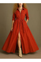 Önden Fermuarlı & Utility Detaylı Safran Tafta Maxi Gömlek Elbise - 0