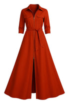 Önden Fermuarlı & Utility Detaylı Safran Tafta Maxi Gömlek Elbise - 1