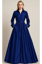 Utility Detaylı & Kuşaklı Lacivert Tafta Maxi Şık Gömlek Elbise - 0