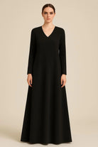 V-yakalı & Astarlı Oversize Maxi Krep Şık Abaya Elbise - 0