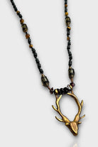 Mey Atelier-Mr. Deer – Antika Bronz Geyik Figürlü Onyx Smoke Quartz Tiger Eye Unisex Kolye-Kolye-2-Milagron.com