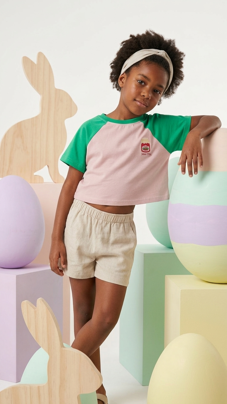 Jam Kontrast Detaylı Kız Çocuk Oversize Crop Tişört - 0