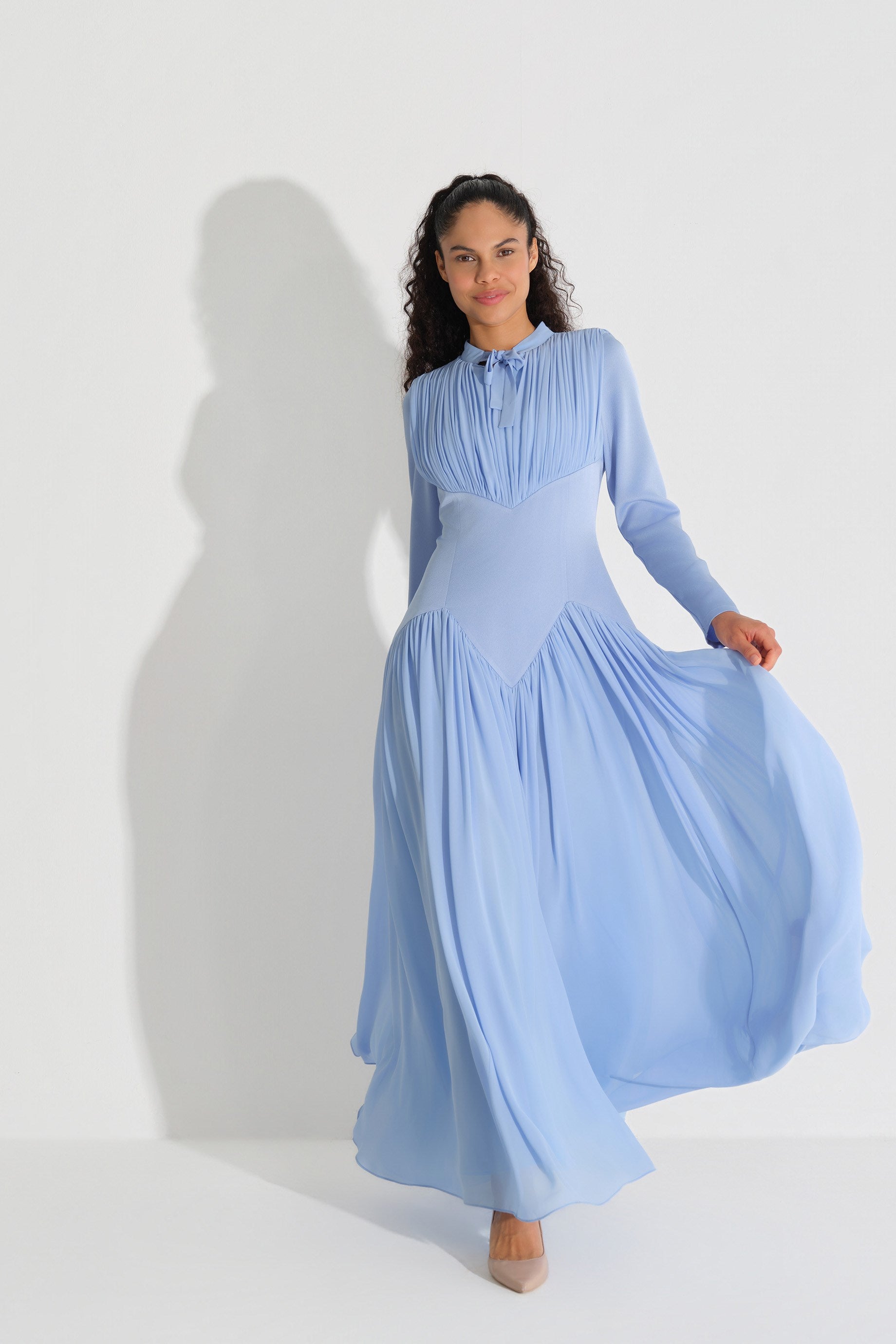 Bel Formu Korse Görünümlü Krep ElbiSe Mavi
