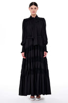 Miha-Eteği̇ Kat Kat Büzgülü Uzun Elbi̇se Siyah-Elbise-1-Milagron.com