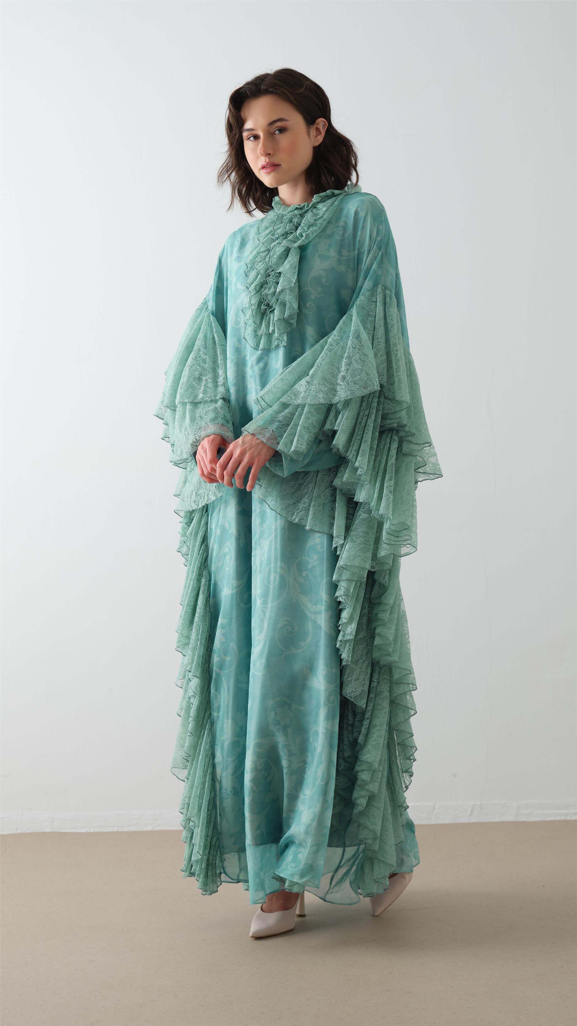 Miha-Kollari Dantel Firfirli Kaftan Elbi̇se Mint-3-Milagron.com