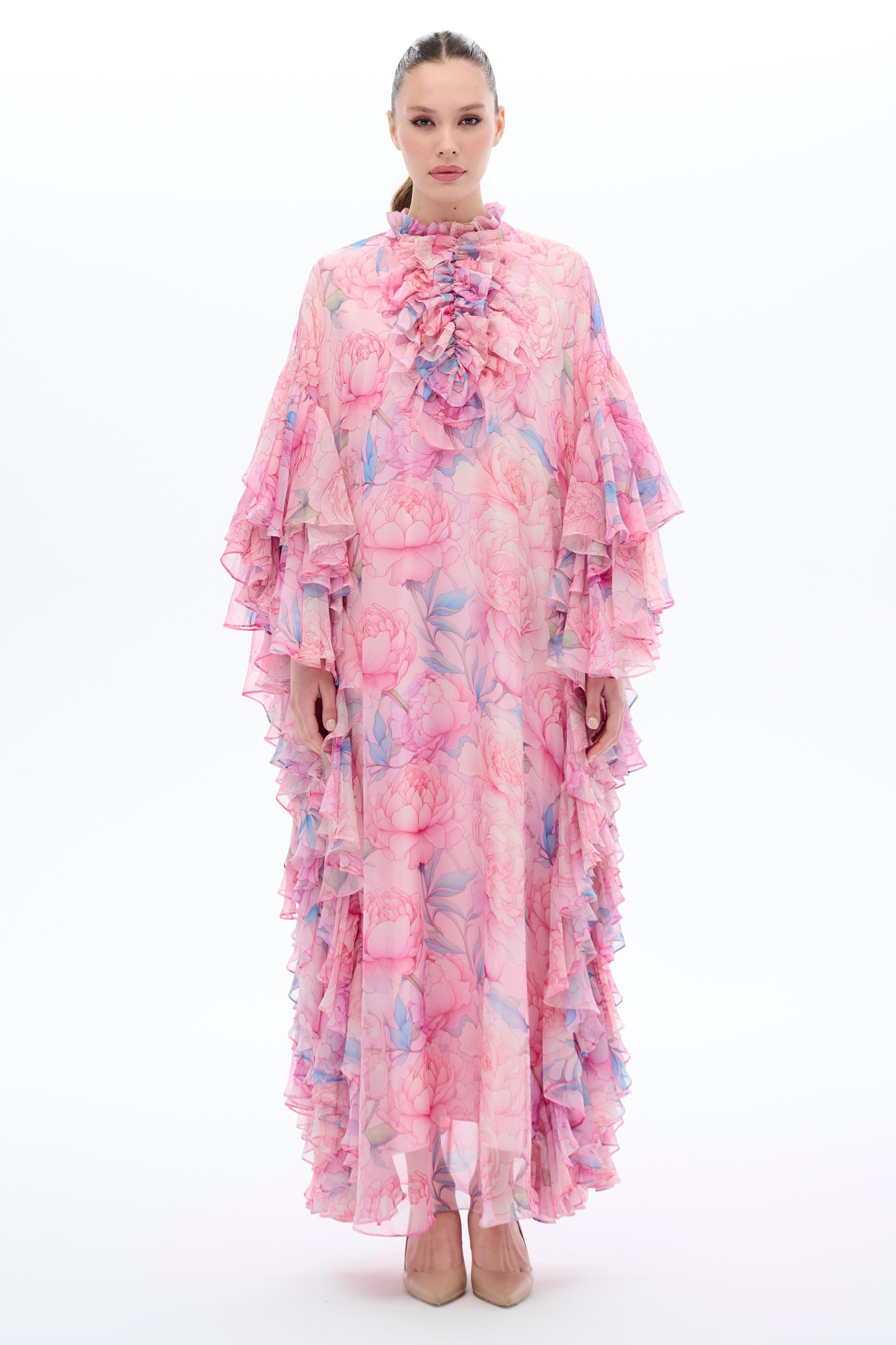 Kollari Firfir Detayli Kaftan ElbiSe Pembe