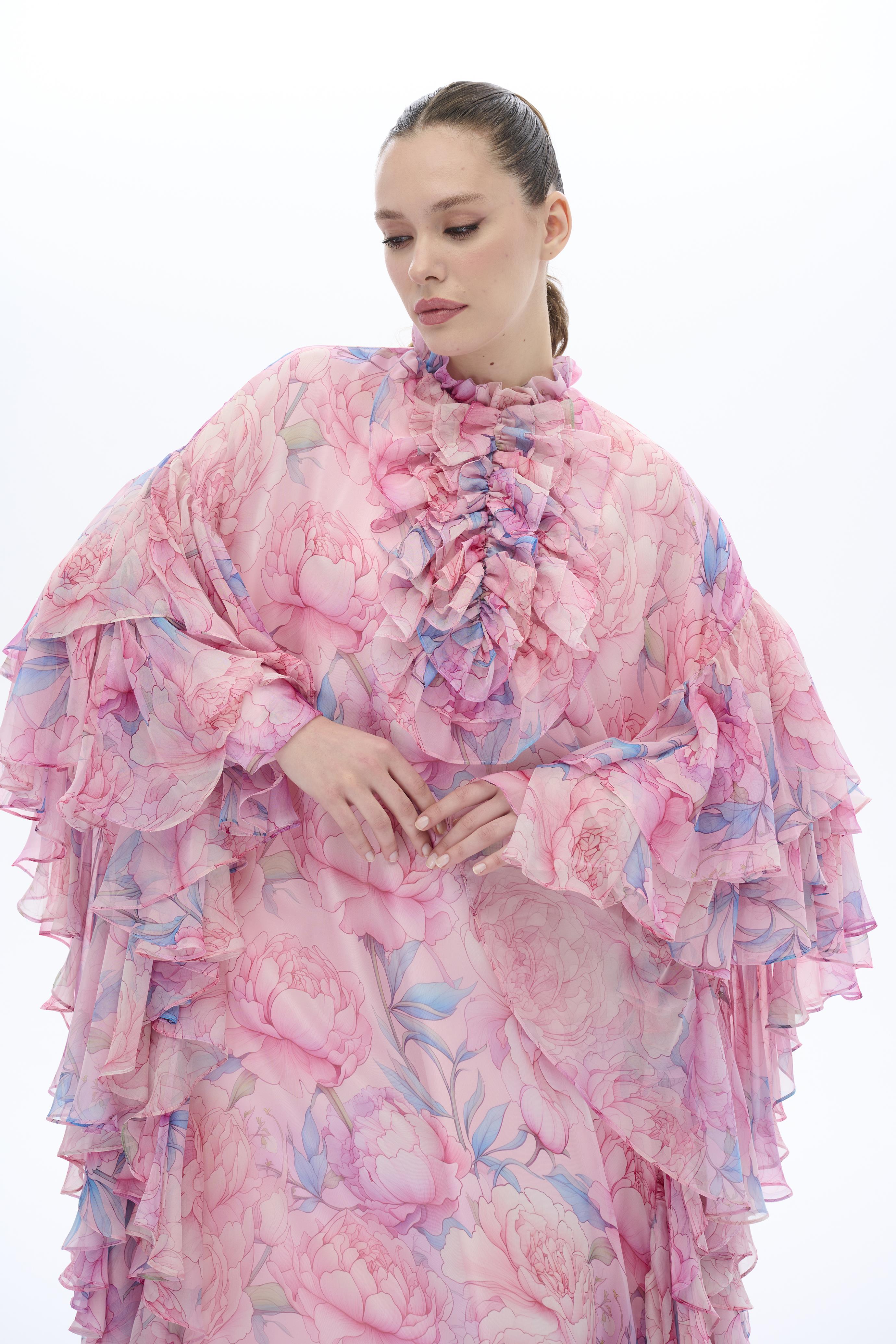 Kollari Firfir Detayli Kaftan ElbiSe Pembe