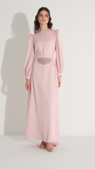 Taş İŞlemeli Korseli ElbiSe Pudra