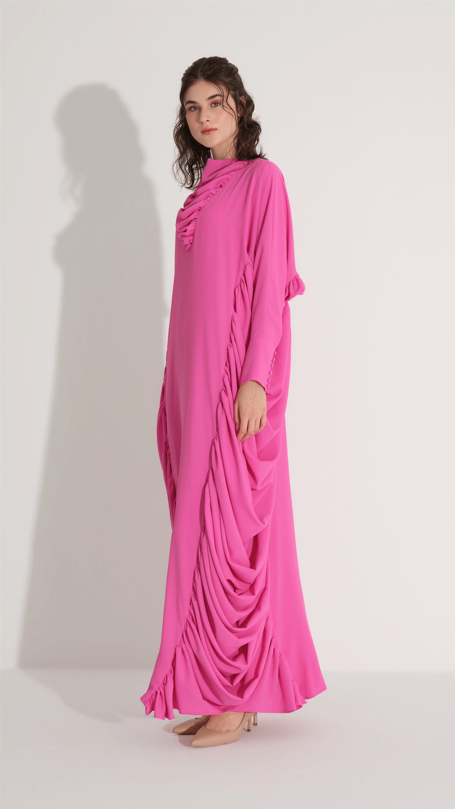 Yanlari Büzgülü Kaftan ElbiSe Fuşya