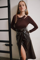 Mirimalist-Sepia Deri Wrap Midi Etek-Etek-5-Milagron.com