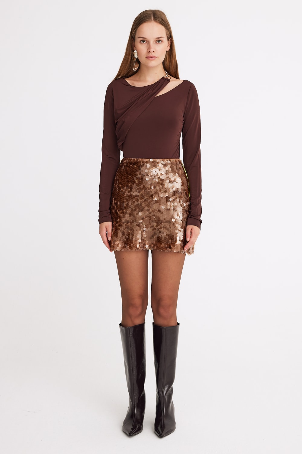Mirimalist-Sepia Sequin Mini Skirt-Etek-1-Milagron.com