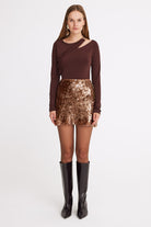 Mirimalist-Sepia Sequin Mini Skirt-Etek-1-Milagron.com