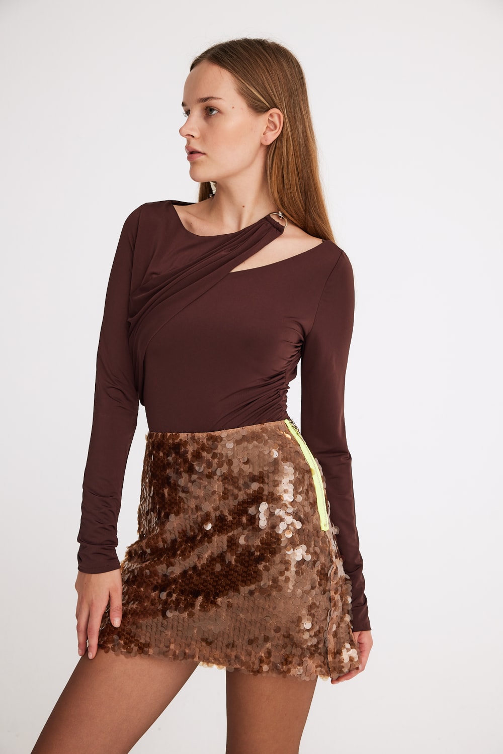 Mirimalist-Sepia Sequin Mini Skirt-Etek-3-Milagron.com