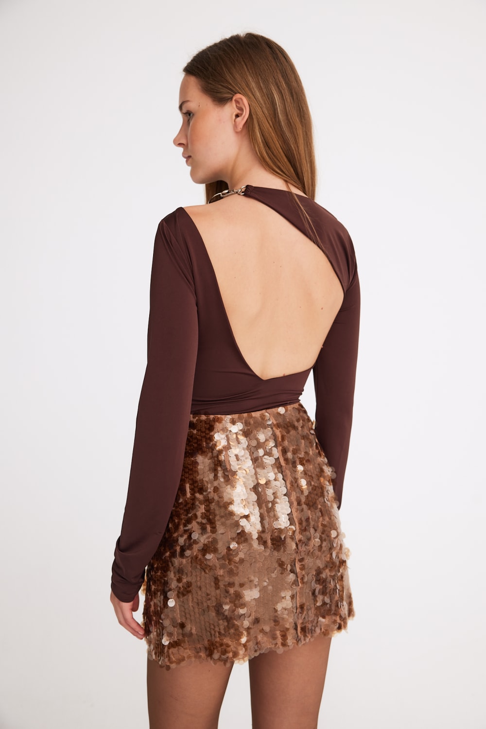 Mirimalist-Sepia Sequin Mini Skirt-Etek-5-Milagron.com