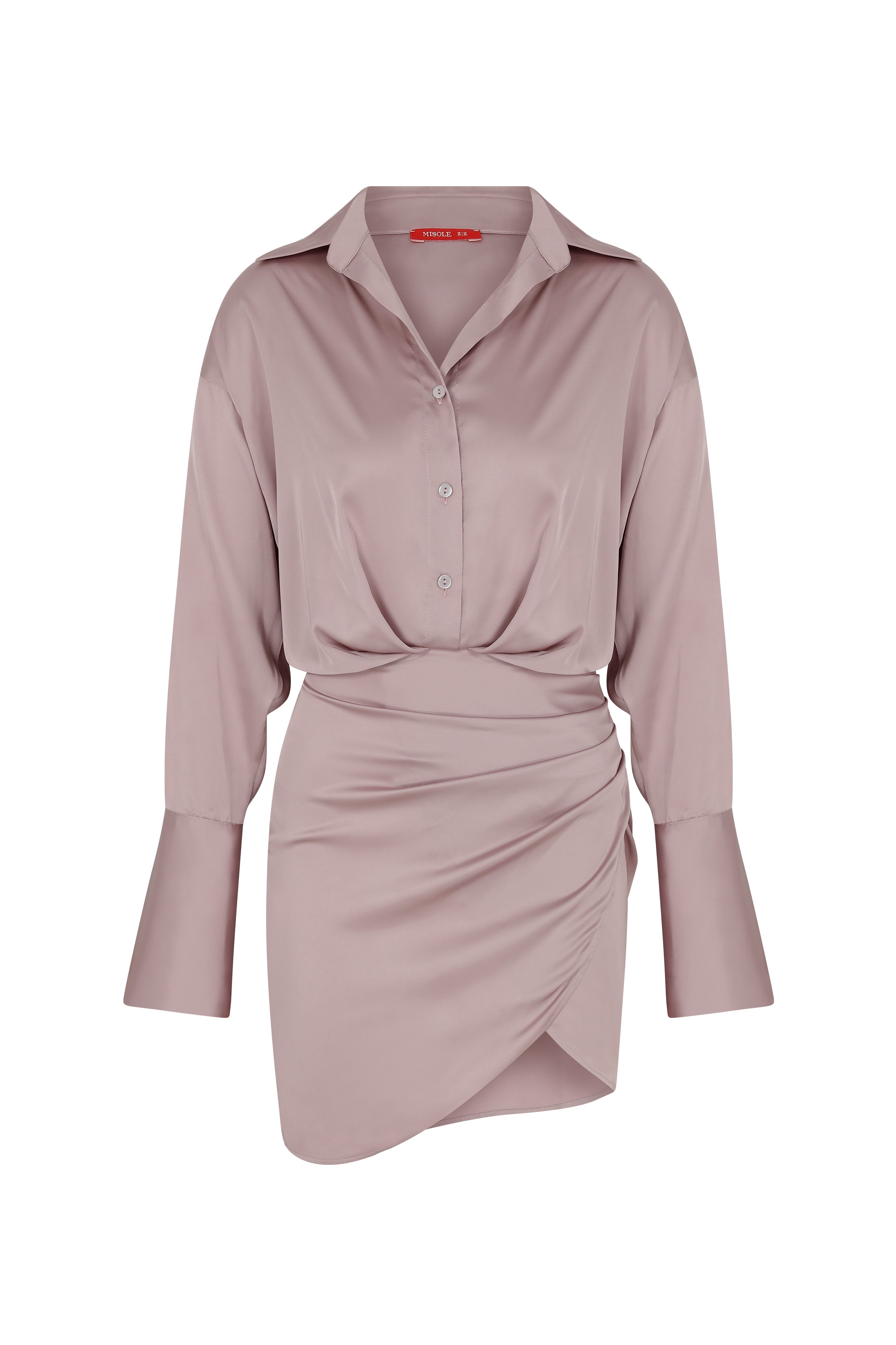 Misole-Asymmetrical Satin Shirt Dress-Dresses-3-Milagron.com