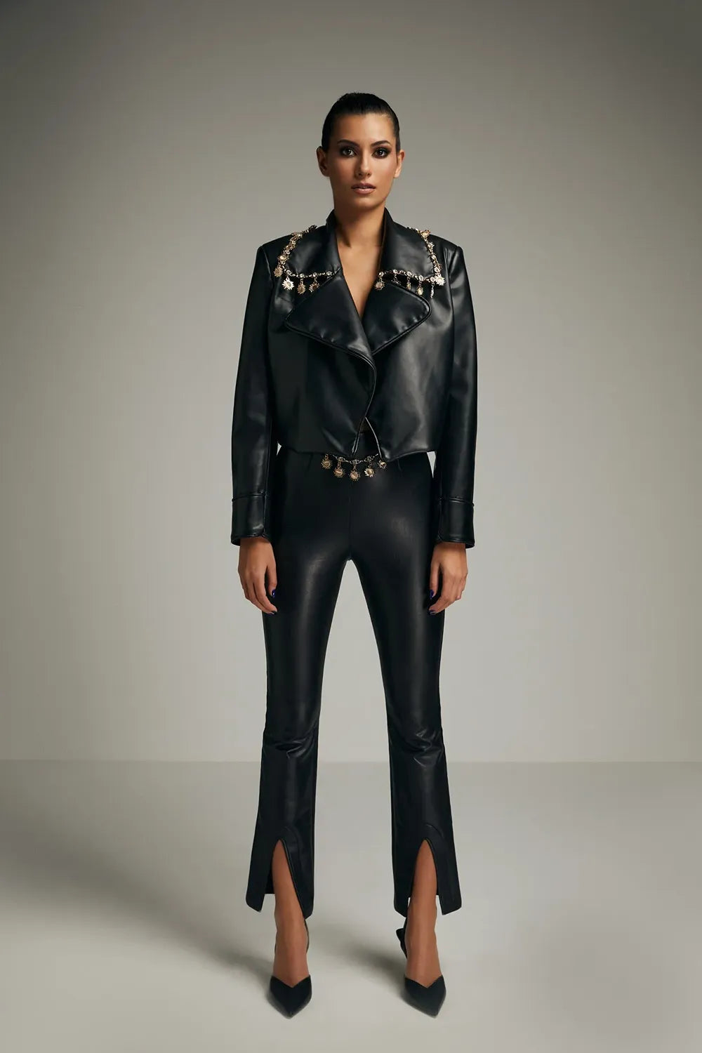 Flared Fitted Black Vegan Leather Pants - 0