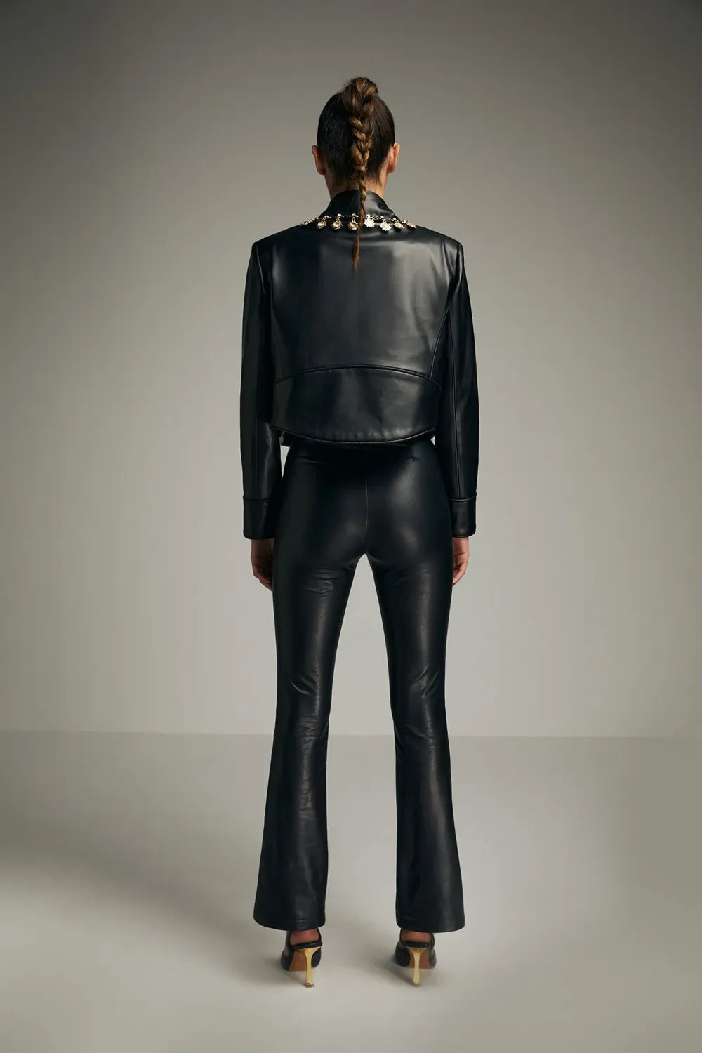 Flared Fitted Black Vegan Leather Pants - 1