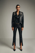 Misole-Flared Fitted Black Vegan Leather Pants-Pantolon-1-Milagron.com