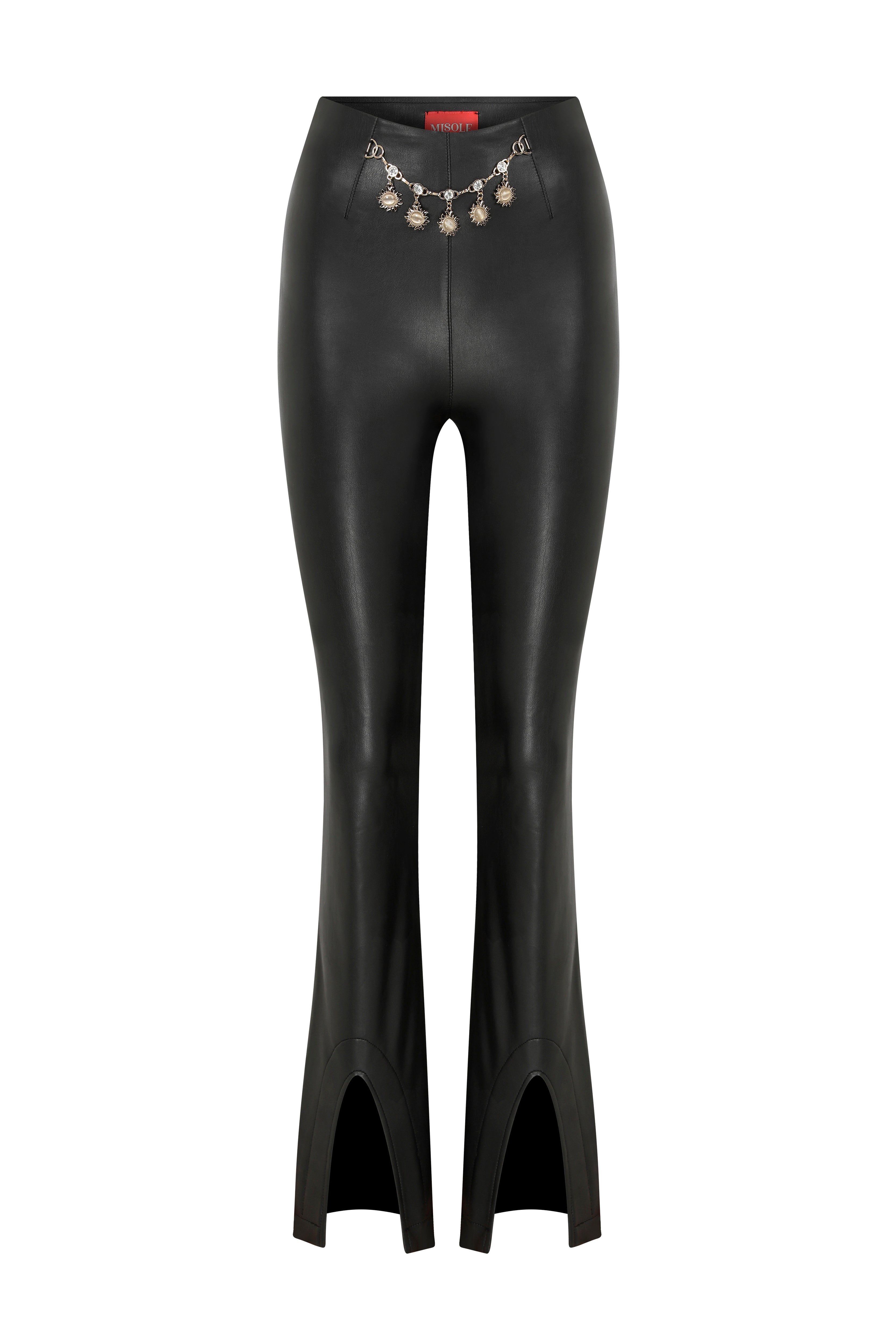Misole-Flared Fitted Black Vegan Leather Pants-Pantolon-3-Milagron.com