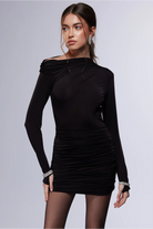 Misole-La Danse Noire Asimetrik Omuz Detaylı Drapeli Mini Elbise-Dress-1-Milagron.com